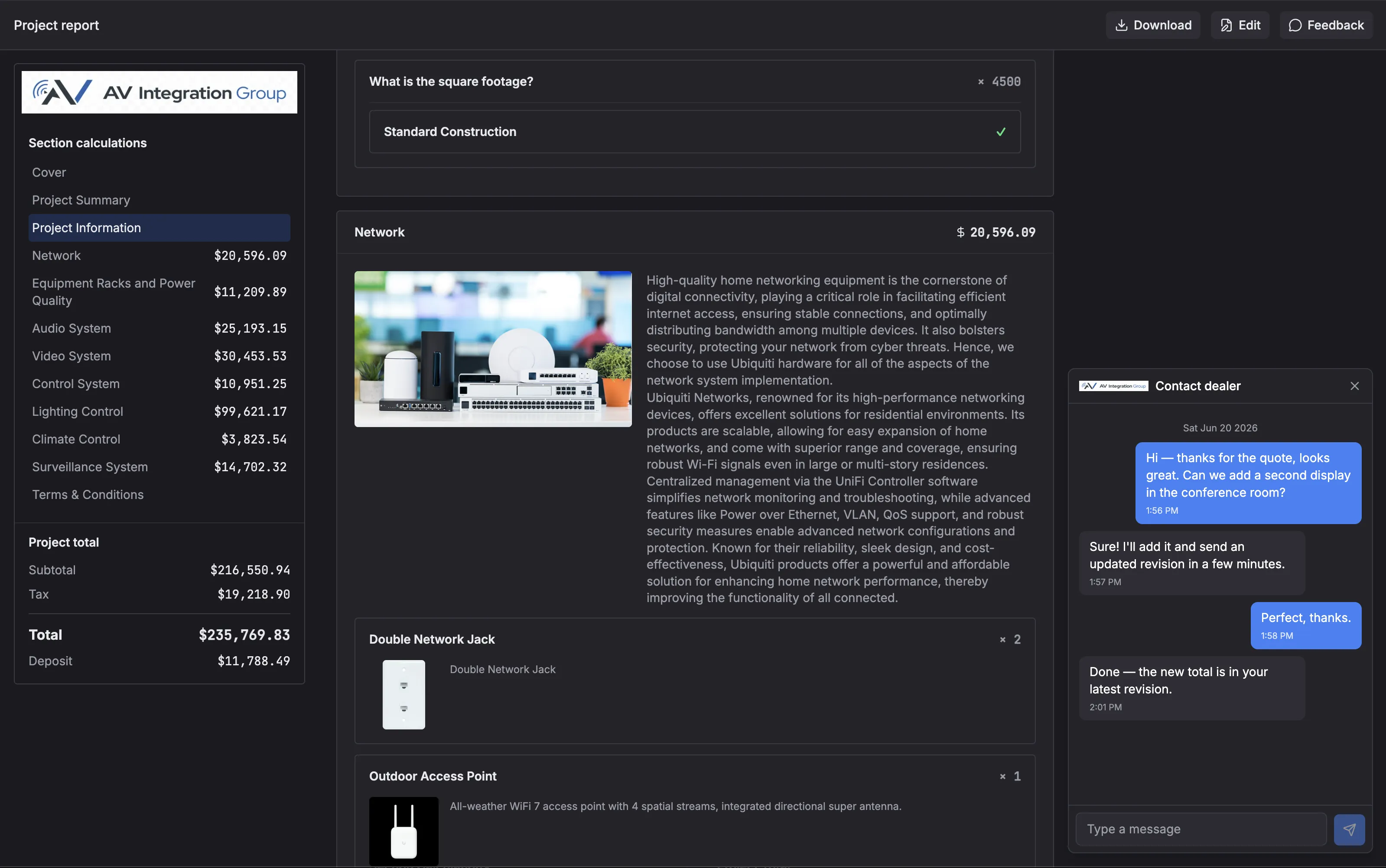 Customer-facing project report in Salengy — sidebar of sections with running totals, project total + deposit, content area with configurable inputs + section description + product imagery, and the Feedback chat panel open with a real customer–dealer conversation.